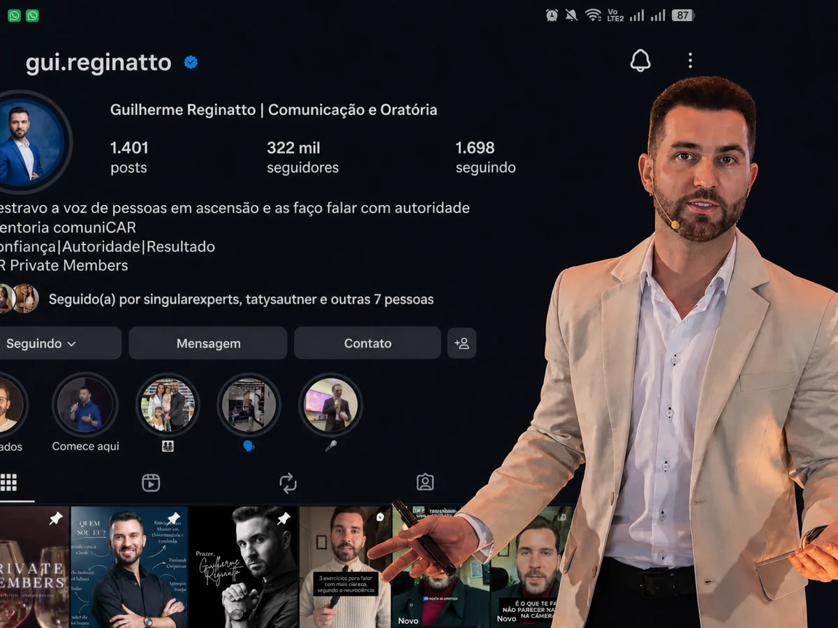 Guilherme Reginatto à frente do seu perfil no Instagram com 322 mil seguidores